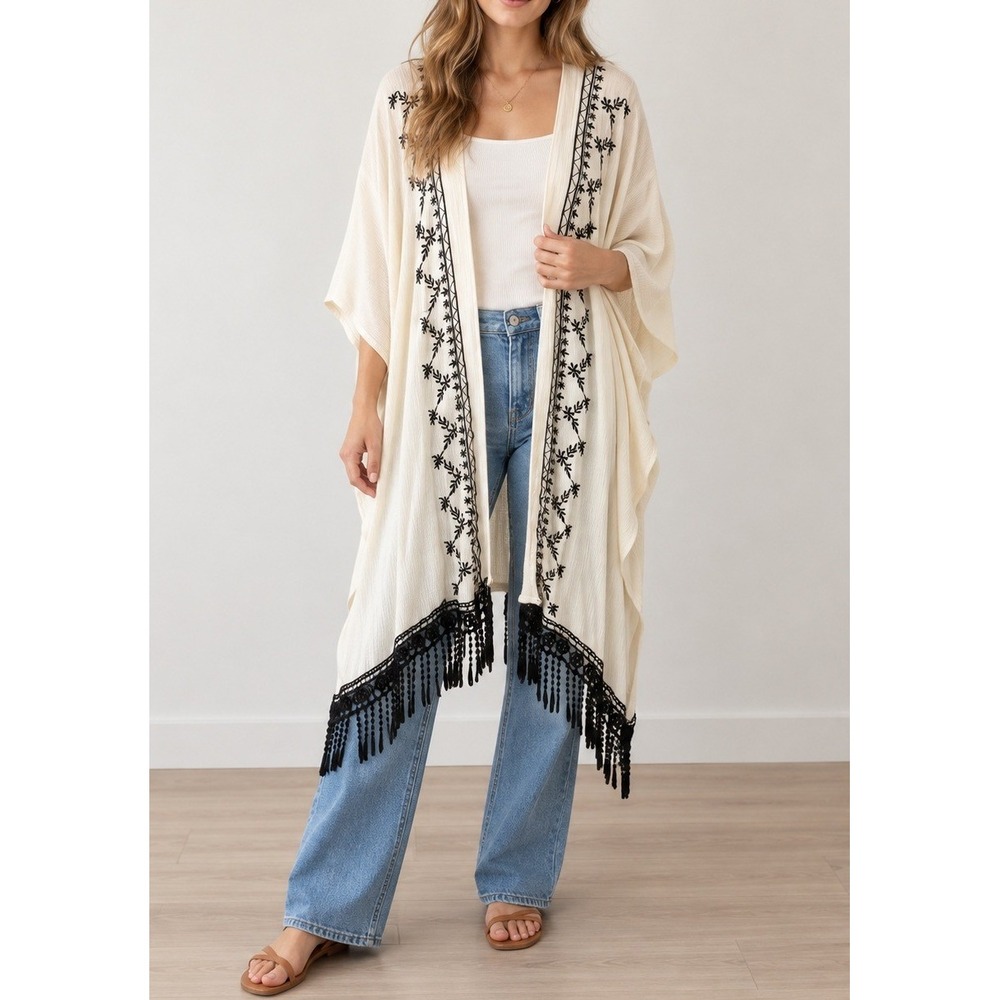 White Embroidered Kimono Wrap with Black Lace Tassel Fringe Trim Bohemian